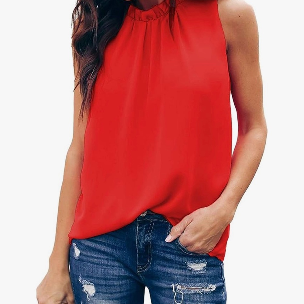 Allimy Summer Sleeveless Ruffle Trim Blouse